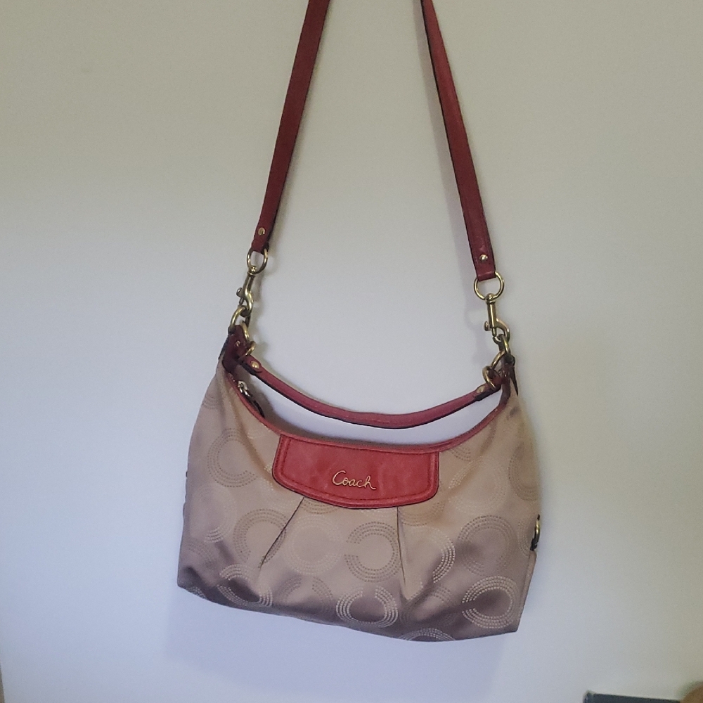 Coach Ashley Dotted Op Convertible Tan Red Bag Signature C Detail Sze 14.5 X 9.5